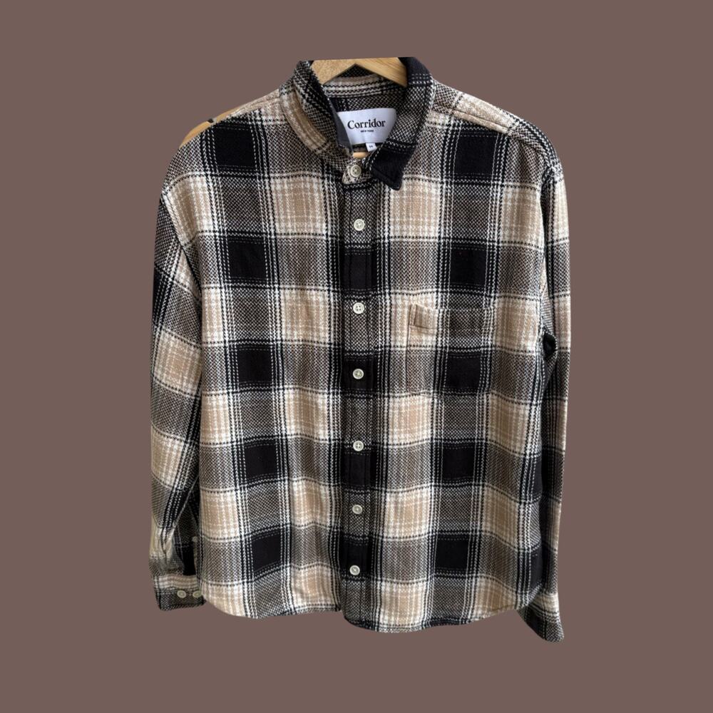 Corridor Flannel Shirt | Beige Black Plaid | Size M | Vintage